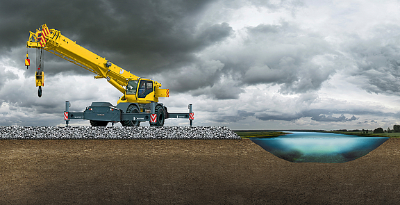 Crane on temporary work platform Crane on a temporary working platform made of fabrics and composites to stabilize the soft ground at the adjacent river bed