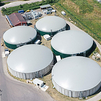 Cogatec double membrane roof, 5 roofs, diameter 31 m & 37 m, volumes 1,234 m³ & 1,568 m³ Double membrane roof, 5 roofs, Cogatec, diameter 31 m & 37 m, volumes 1,234 m³ & 1,568 m³